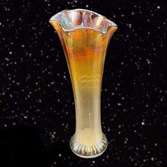 Mid Century Carnival Swun Ribbed Vase Iridescent Glass Vase Marigold 8.5”T 3”W - Picture 1 of 11